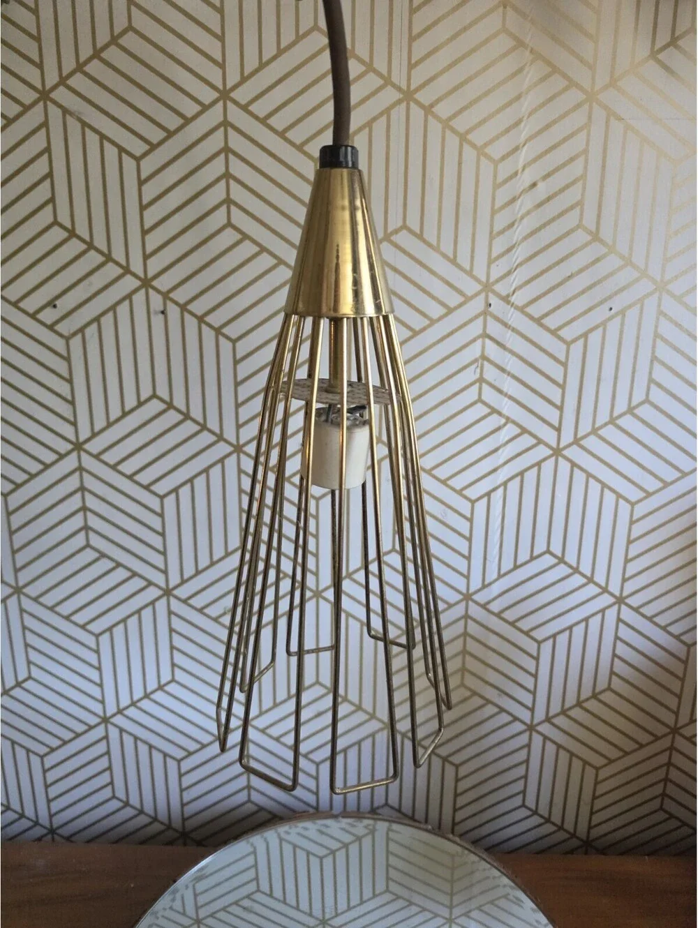 Vintage Midcentury Atomic Conical Wire Gold Cage Pendant Light Hanging Swag 50's
